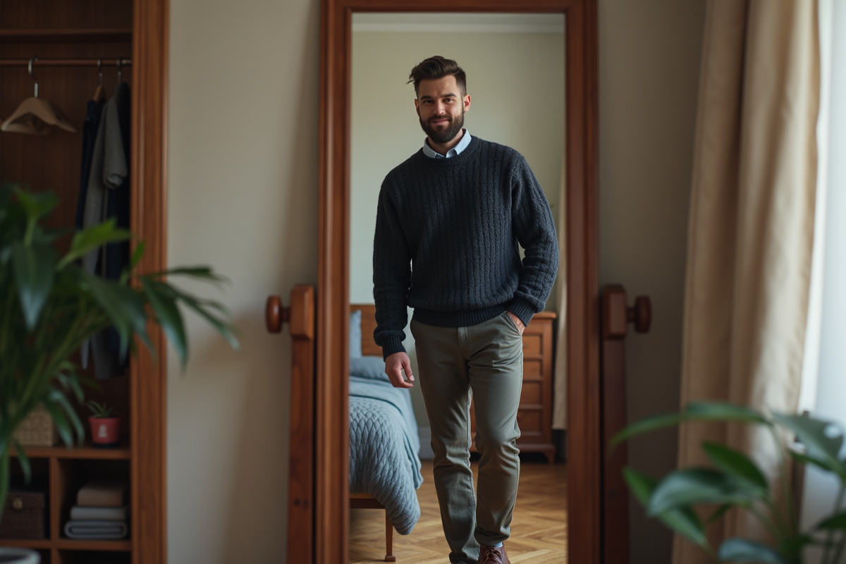 Jeune homme se regardant dans un miroir intérieur
