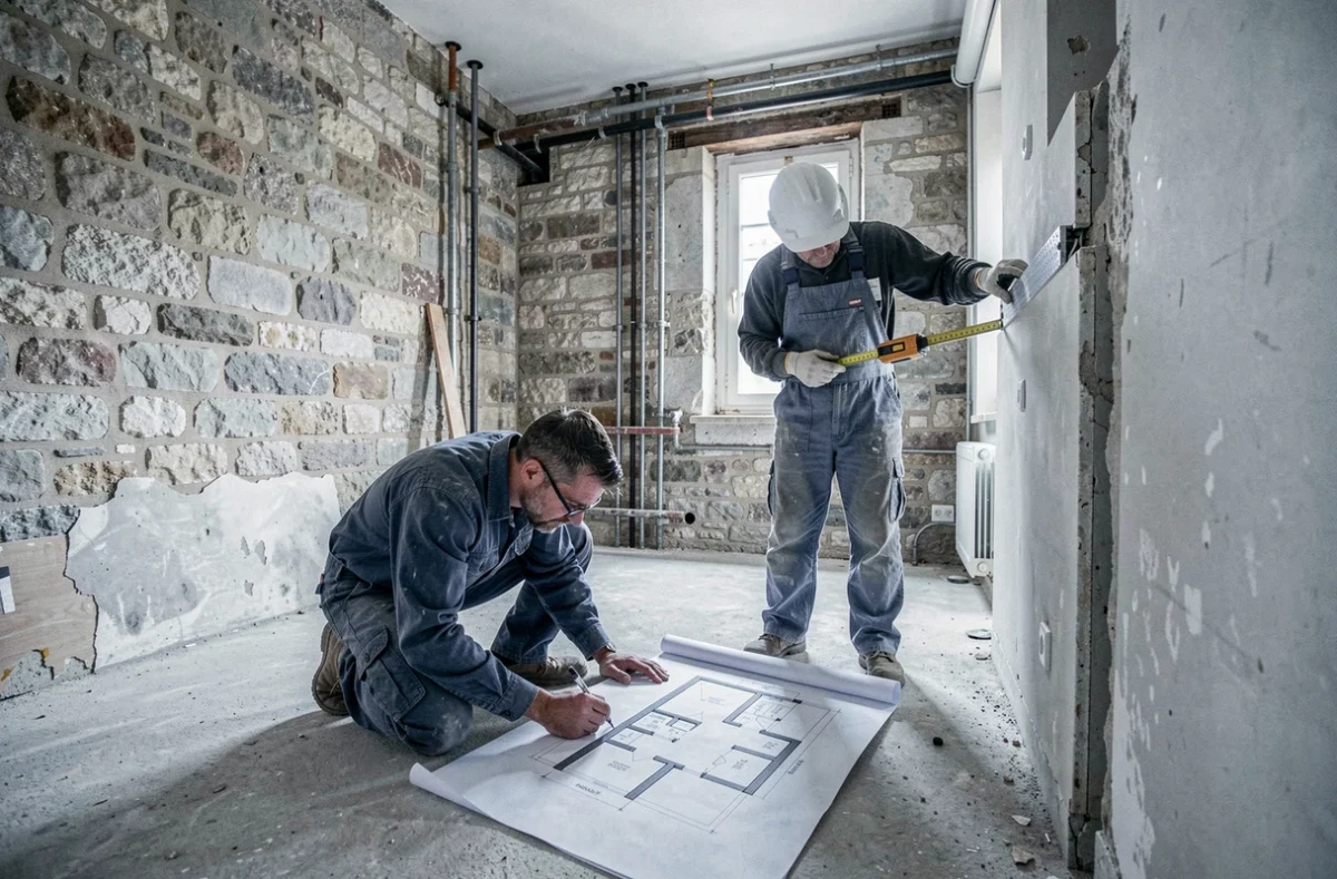 Deux professionnels ICEM Rénovation évaluant un appartement parisien en cours de rénovation avec murs en pierre apparente