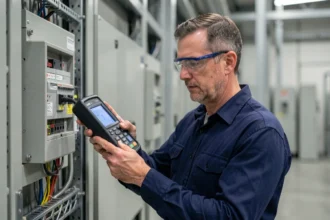 Ingénieur utilisant un calculateur de champs magnétiques Cat29 devant un tableau électrique industriel