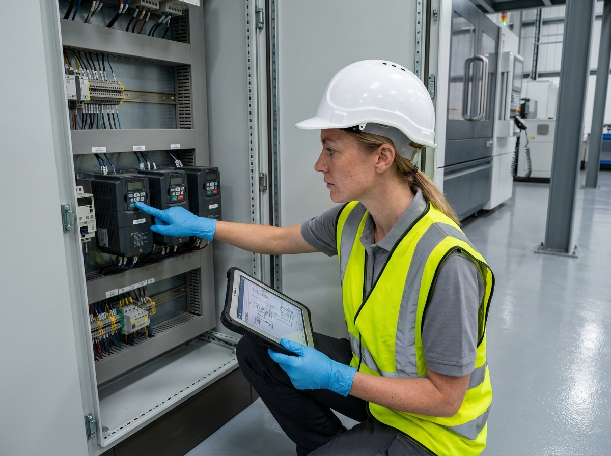 Ingénieure en automatisme consultant un schéma sur tablette devant une armoire de variateurs dans une usine moderne