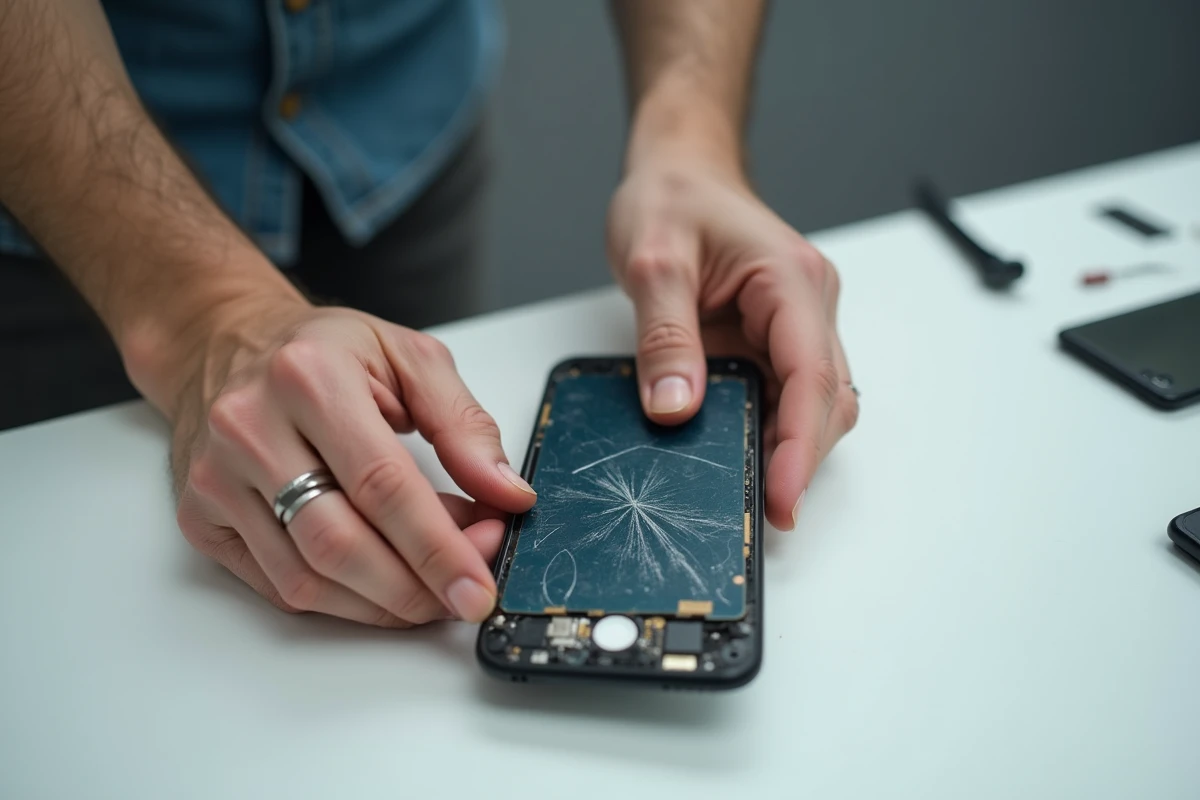 Gros plan sur des mains inspectant un ancien smartphone rayé et endommagé, mettant en évidence les défauts qui font baisser le prix de revente