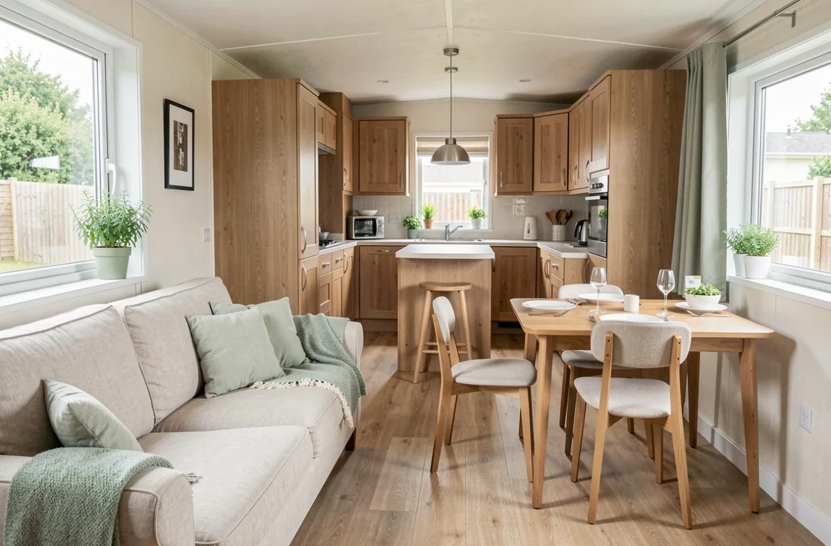 Intérieur aménagé d'un mobil-home de résidence de loisirs avec cuisine ouverte et salon de style scandinave