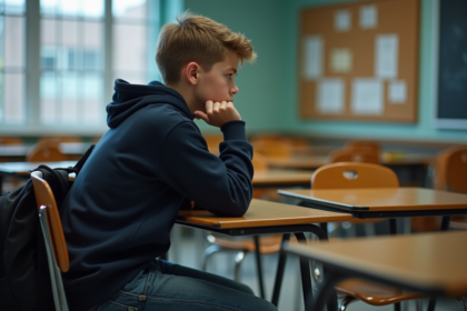 Adolescent seul à son bureau en classe sombre