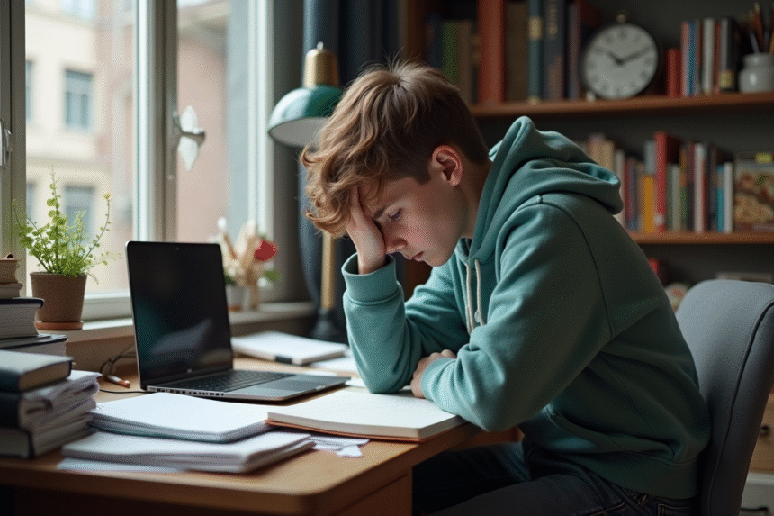 Adolescent fatigué à son bureau désordonné pour l'article