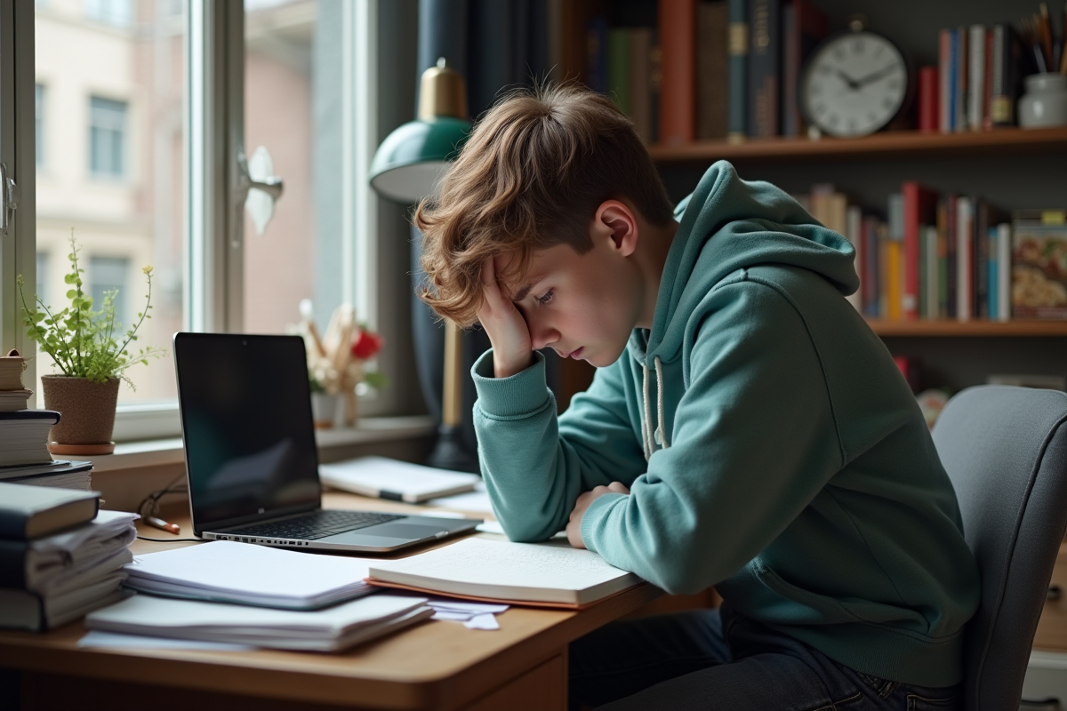 Adolescent fatigué à son bureau désordonné pour l'article