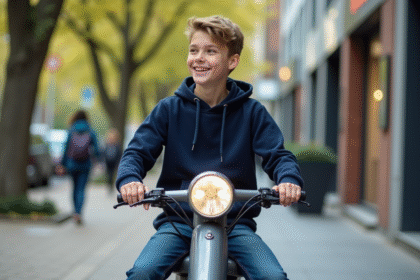 Jeune garçon souriant sur scooter en ville
