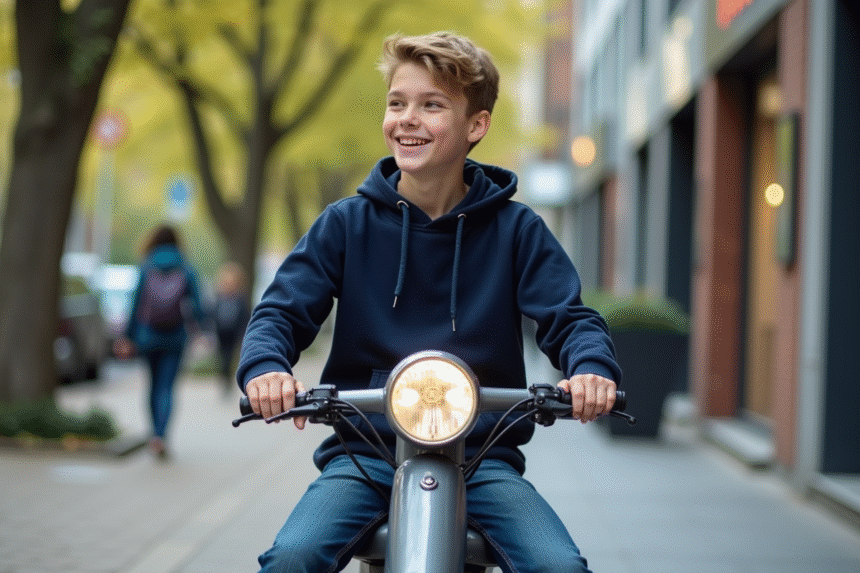 Jeune garçon souriant sur scooter en ville