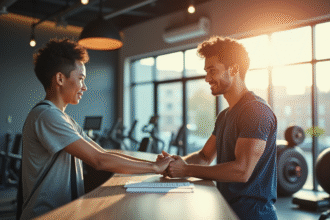 Jeune adulte annulant abonnement salle de sport lumineuse