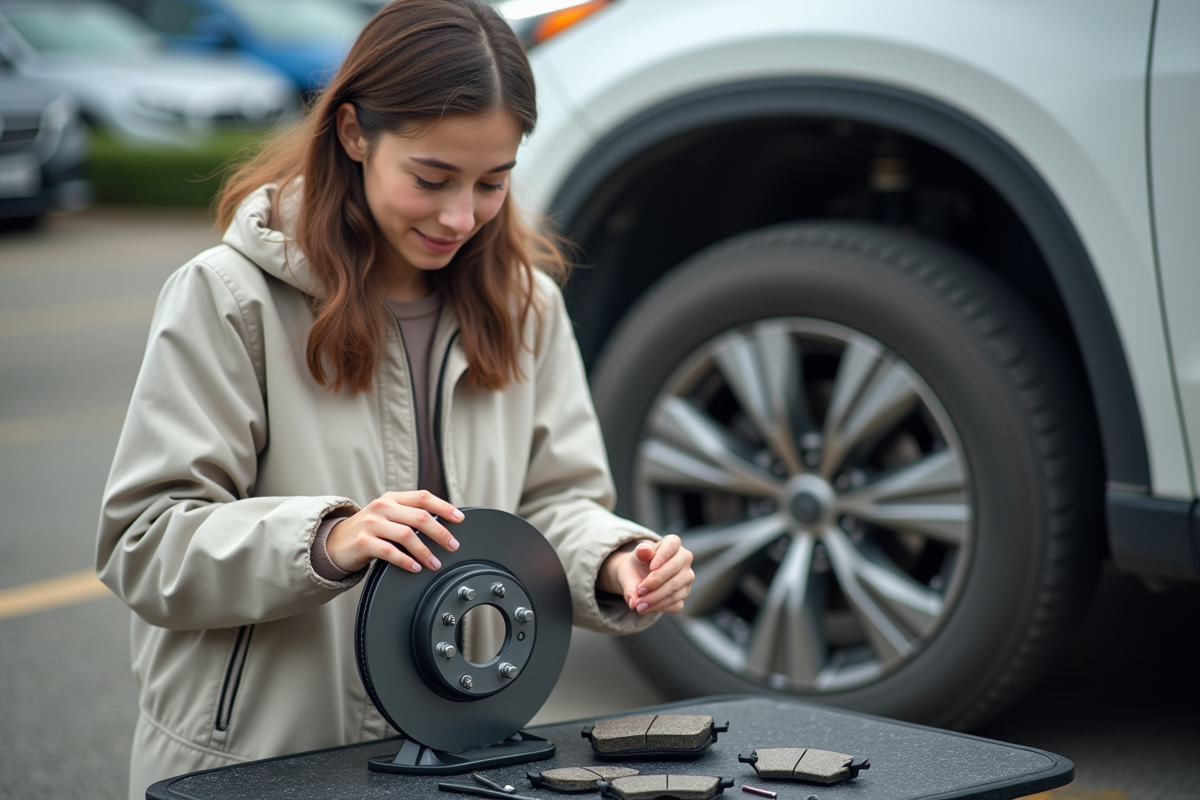 Jeune femme compare disques de frein dans un parking extérieur