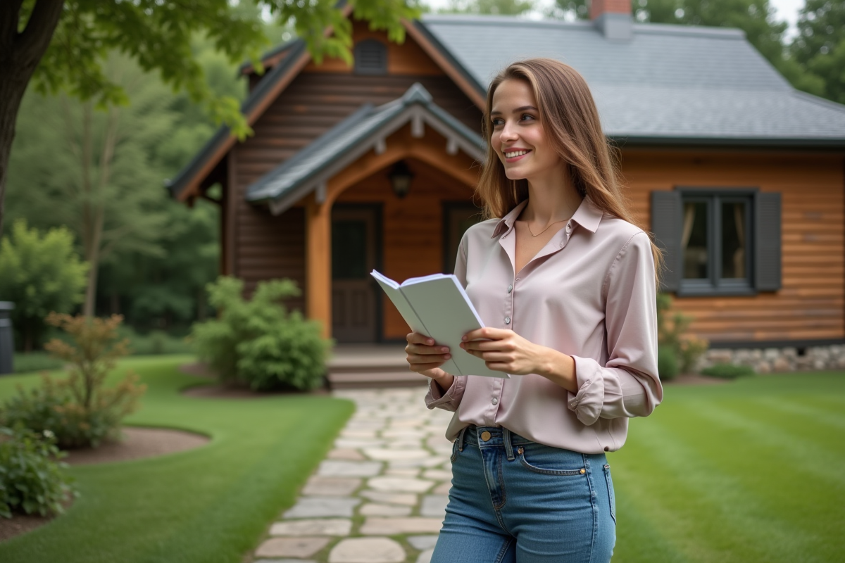 Jeune femme devant une maison en campagne avec brochure