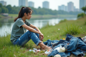 Jeune femme regardant des déchets en nature pollution