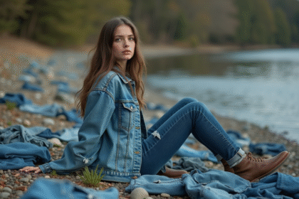 Jeune femme en denim sur la berge d'une rivière