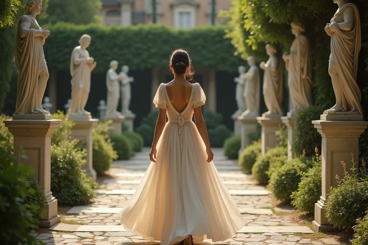 Jeune femme élégante dans un jardin méditerranéen avec statues