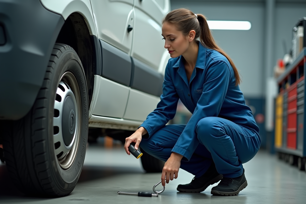 Jeune mécanicienne inspectant une roue de van en atelier