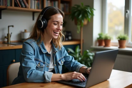 Jeune femme en écoute avec casque dans une cuisine cosy
