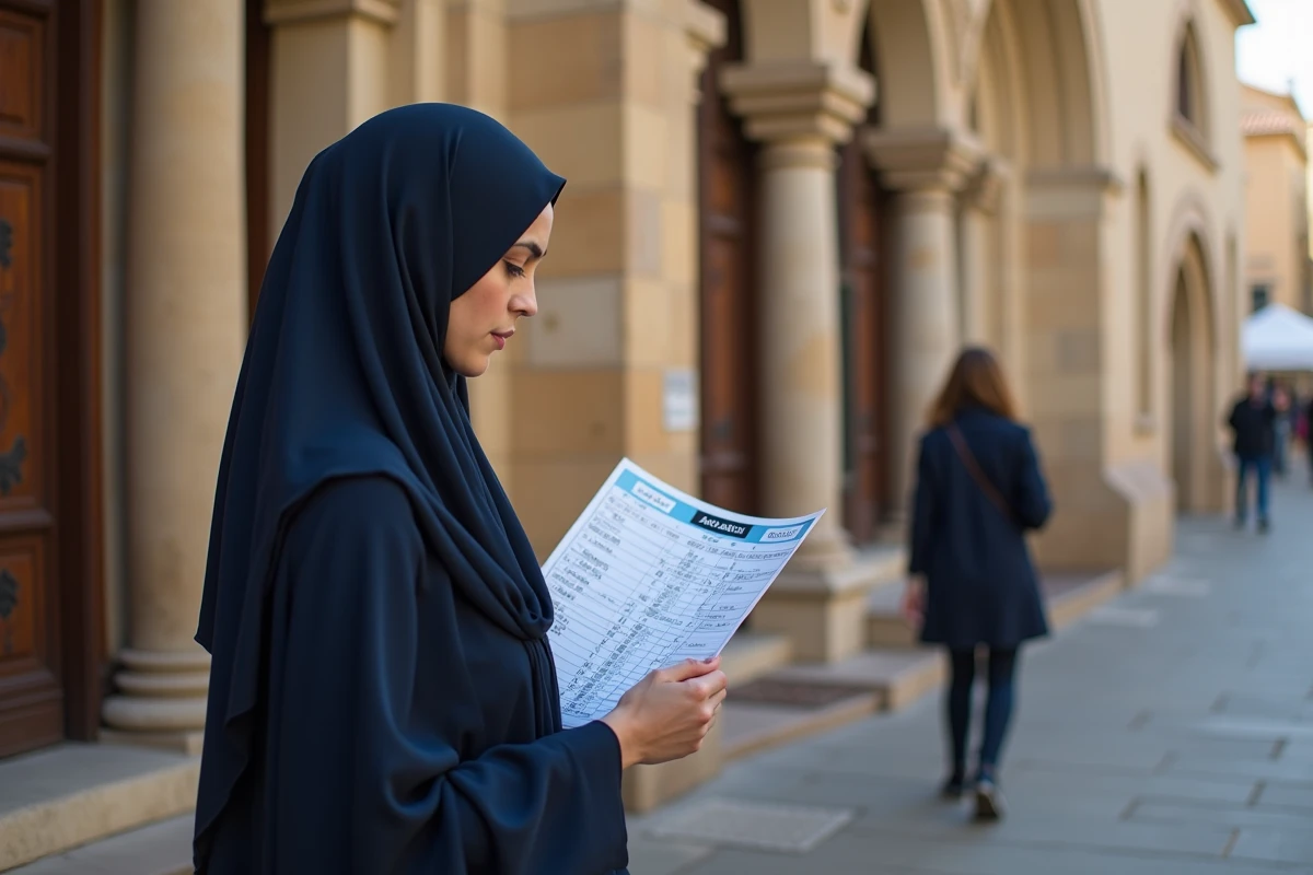 Jeune femme musulmane consulte un calendrier de prières devant la mosquee