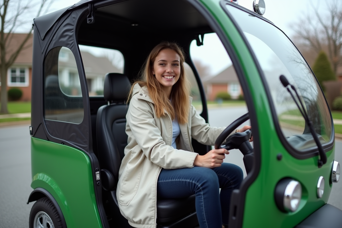 Jeune femme souriante dans un quadricycle en test