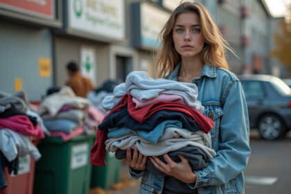 Jeune femme avec pile de vêtements usagés devant centre recyclage