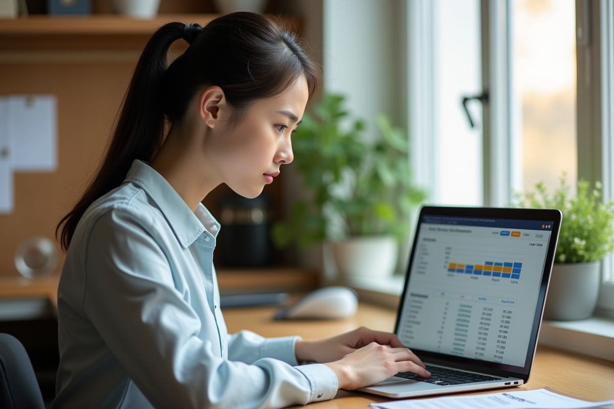 Jeune femme au bureau analysant un tableau financier sur son ordinateur