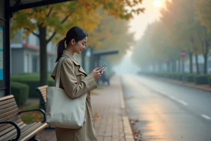 Jeune femme au trench à l'arrêt de bus en matinée