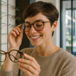 Jeune femme souriante essayant des lunettes tendance dans une boutique lumineuse