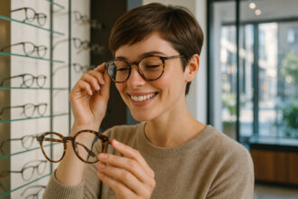 Jeune femme souriante essayant des lunettes tendance dans une boutique lumineuse