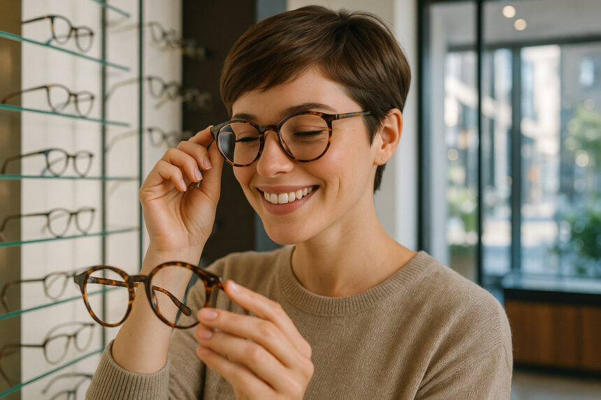 Jeune femme souriante essayant des lunettes tendance dans une boutique lumineuse
