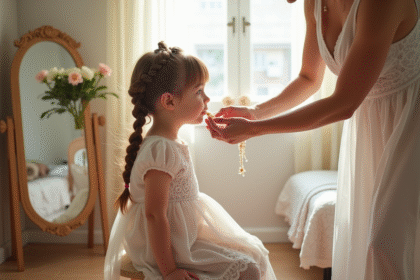 Jeune fille avec coiffure élégante par sa mère dans une chambre lumineuse