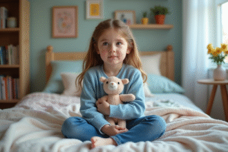 Jeune fille de 10 ans dans sa chambre avec peluche