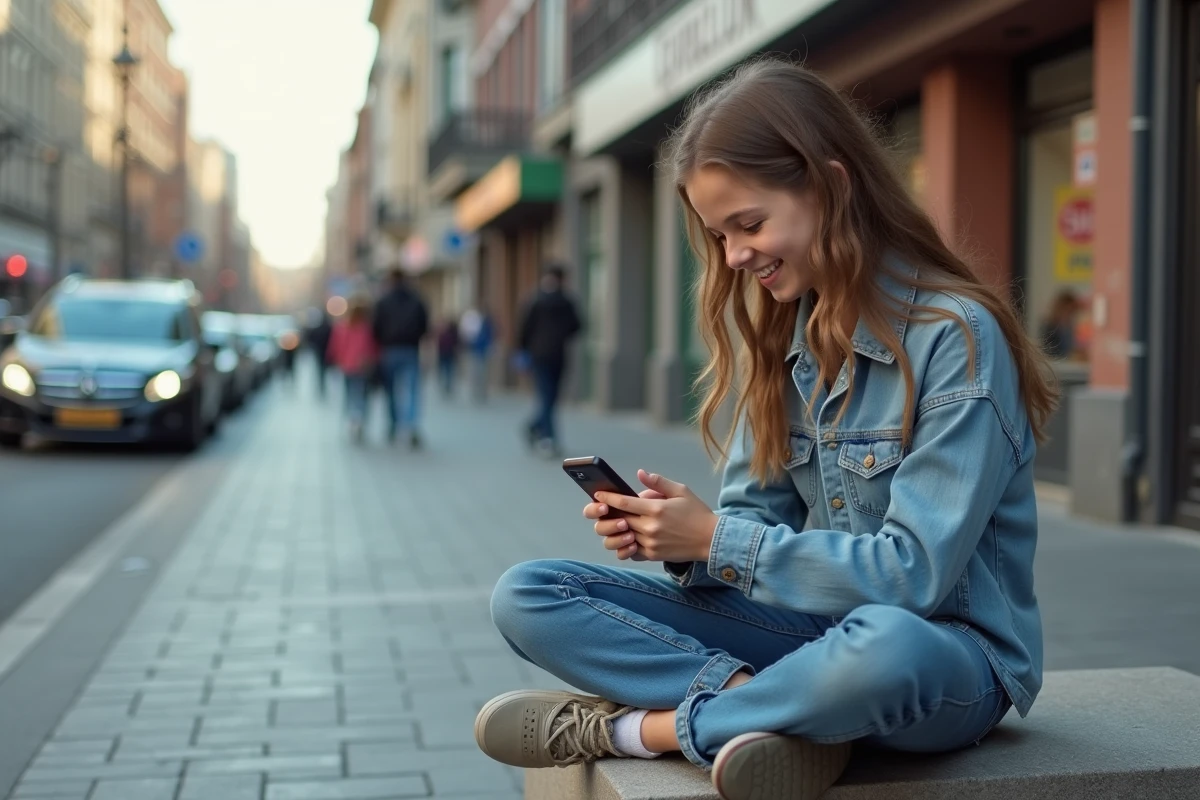 Jeune fille souriante avec téléphone portable dans la ville des années 80