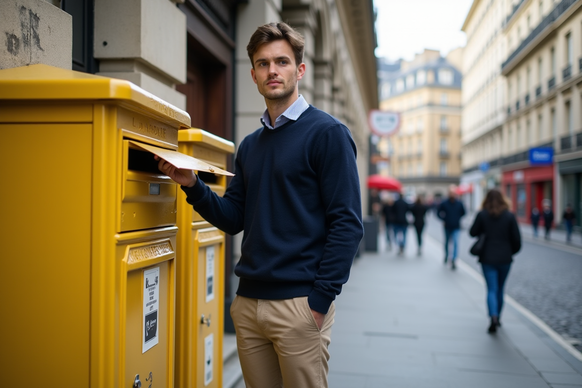 Jeune homme récupérant du courrier dans une boîte aux lettres
