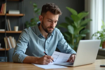 Jeune homme au bureau organisé avec ordinateur et plantes