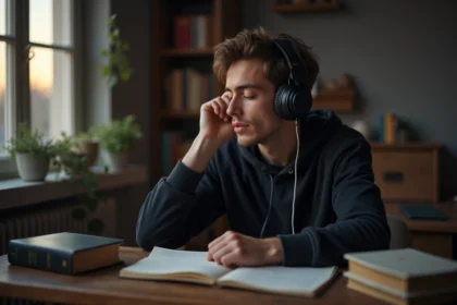 Jeune homme en hoodie écoute de la musique en réflexion