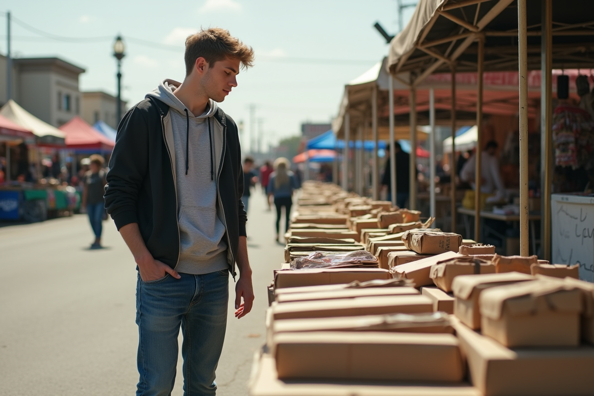 Jeune homme regardant des colis lors d