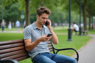 Jeune homme au premier téléphone mobile dans un parc des années 90
