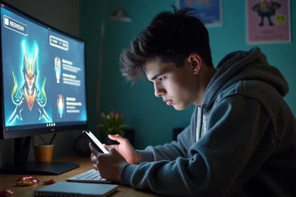 Jeune homme concentré sur son smartphone avec jeu vidéo