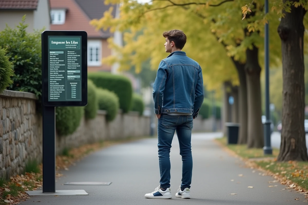 Jeune homme regarde un plan numérique dans un quartier calme