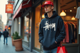 Jeune homme mode portant hoodie stussy devant boutique urbaine
