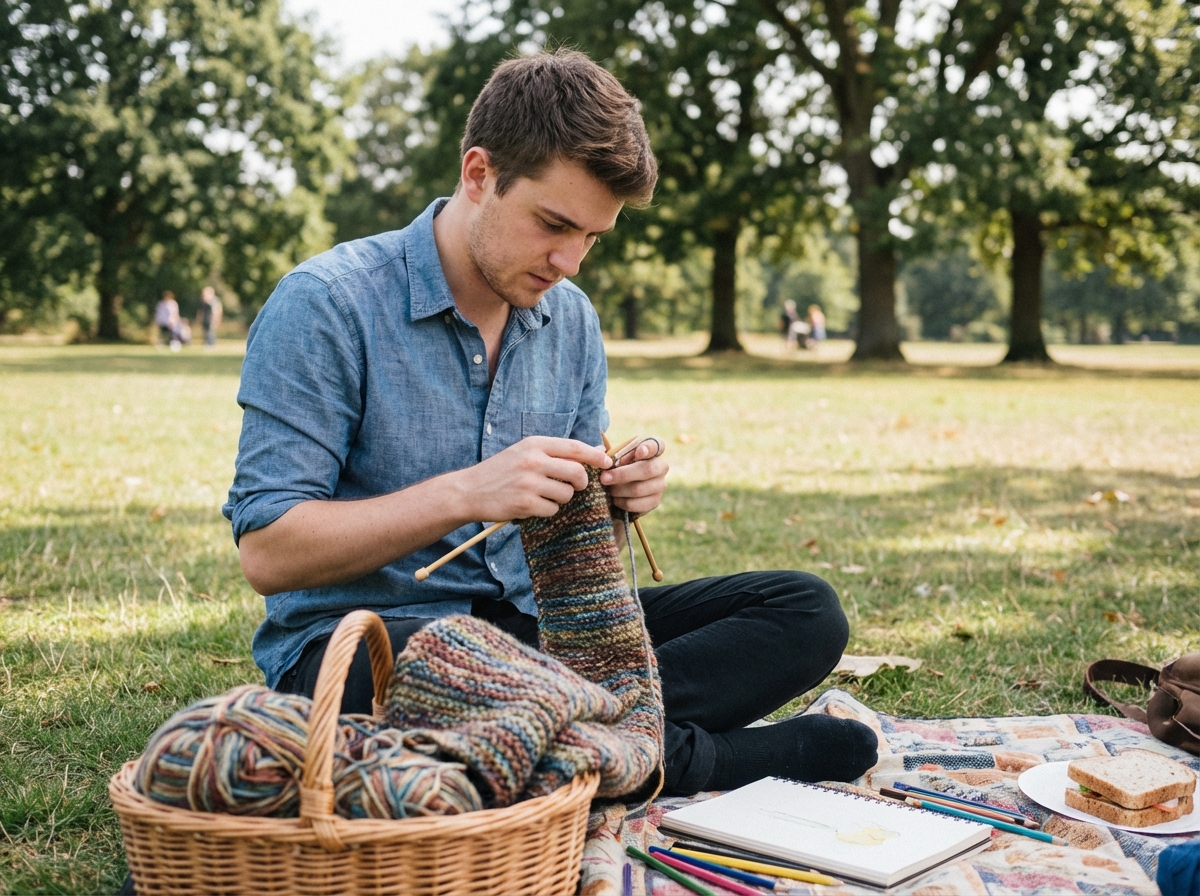 Jeune homme tricotant un foulard dans un parc vert