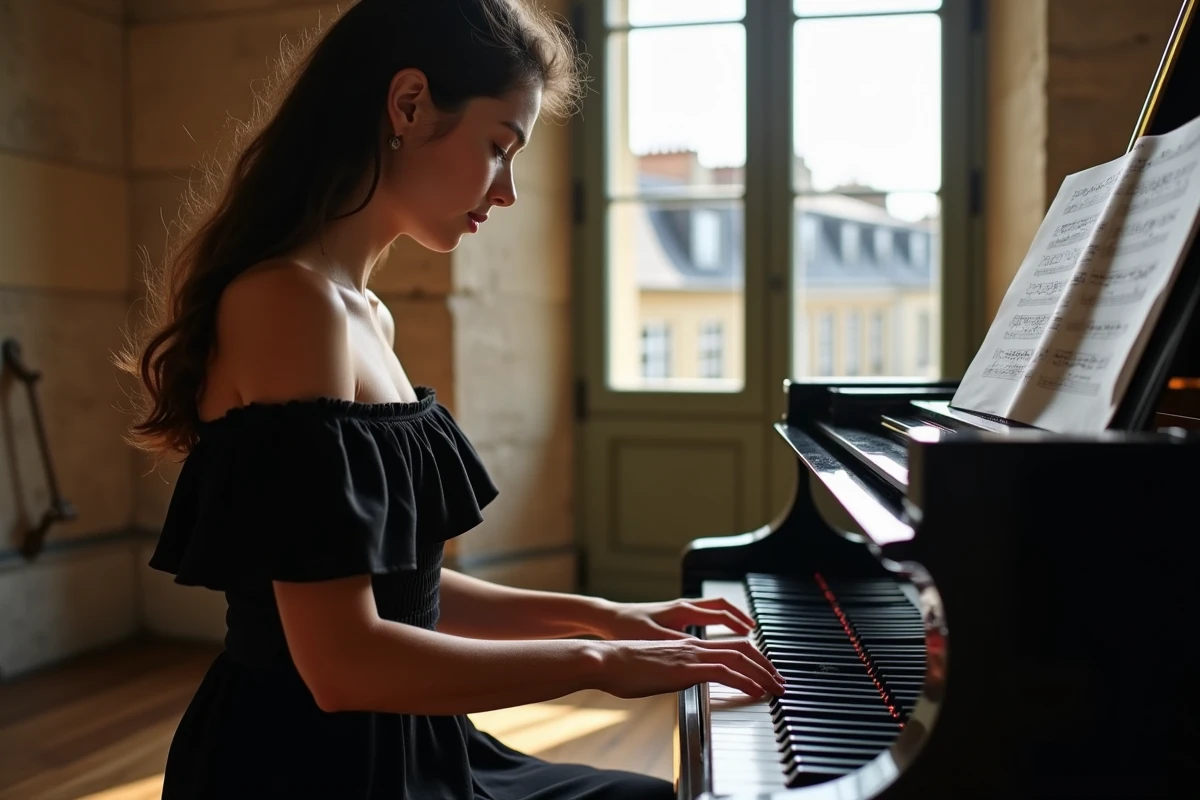 Jeune pianiste française en répétition dans un studio parisien avec vue sur les toits haussmanniens