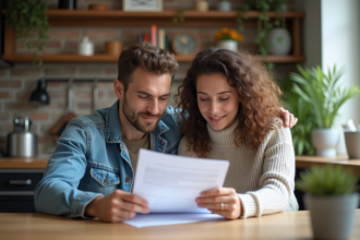 Jeunes adultes examinant des documents de location dans un appartement lumineux