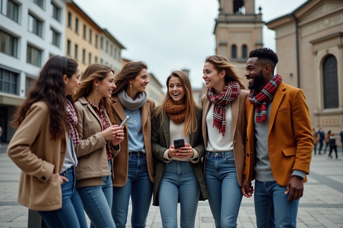 Jeunes adultes discutent dans une place urbaine moderne