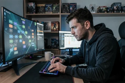 Joueur concentré analysant un arbre de compétences complexe sur grand écran pour optimiser son build dans Path of Exile 2