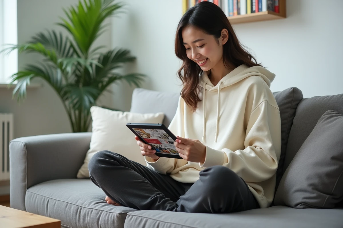 Lectrice de manga lisant des chapitres en ligne sur tablette dans un salon moderne épuré