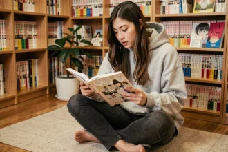Jeune femme lisant un manga en français dans une bibliothèque personnelle remplie de volumes