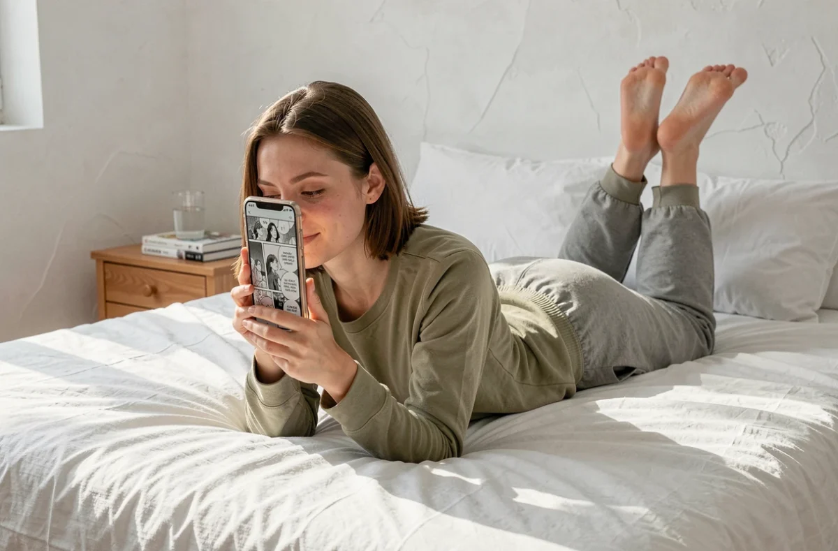 Jeune femme lisant un scan manga en français sur smartphone allongée sur son lit