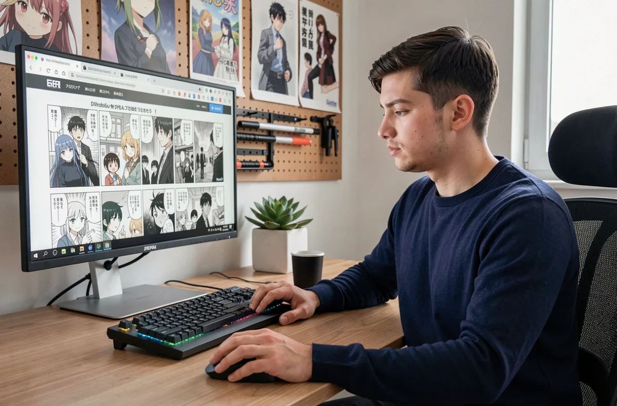 Homme lisant un scan manga en français sur ordinateur dans un bureau moderne