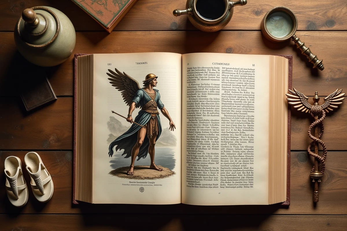 Livre illustré sur la mythologie grecque ouvert sur les attributs d'Hermès avec un caducée en cuivre et figurines ailées sur une table en bois