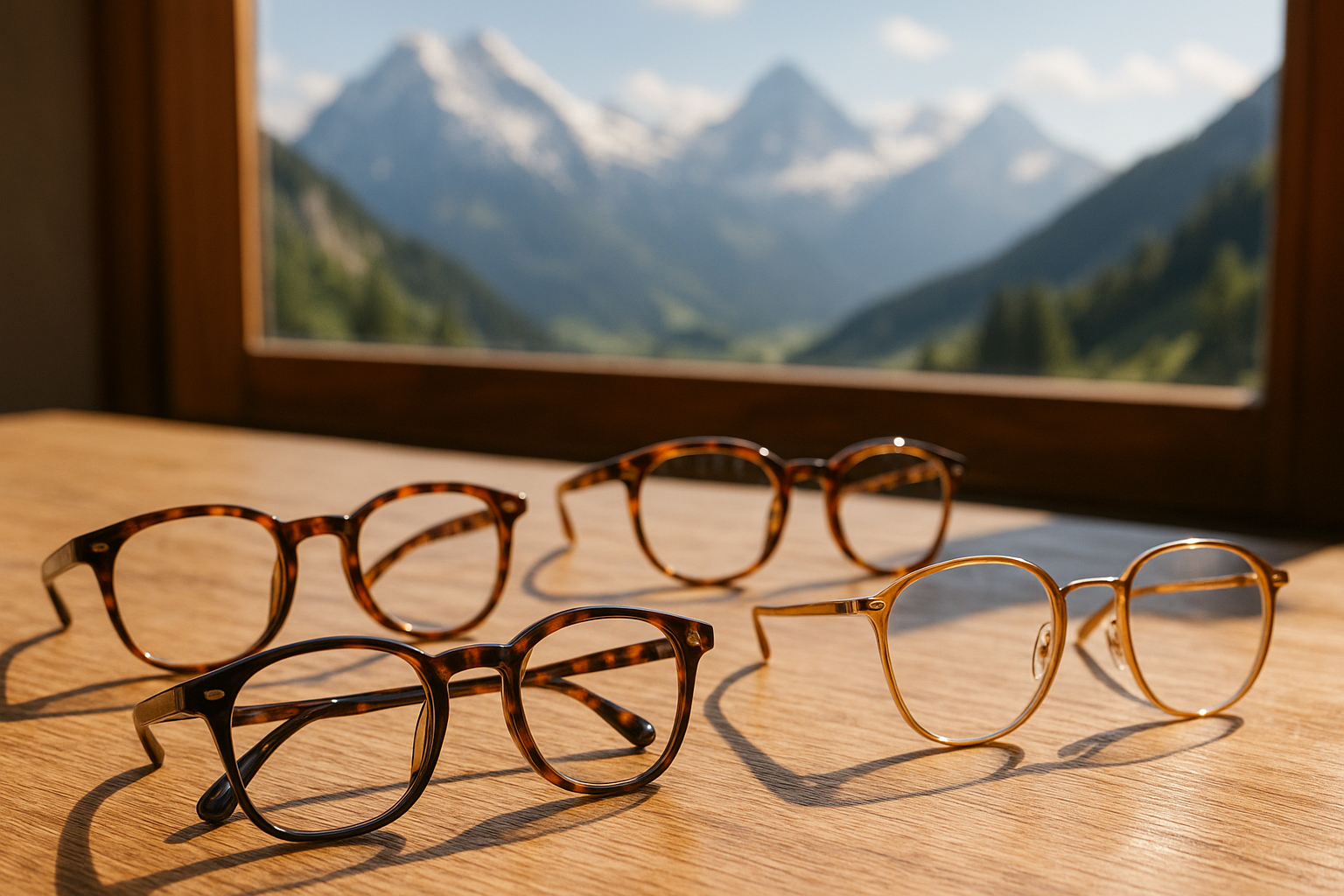 Sélection de lunettes tendance sur une table en bois ensoleillée