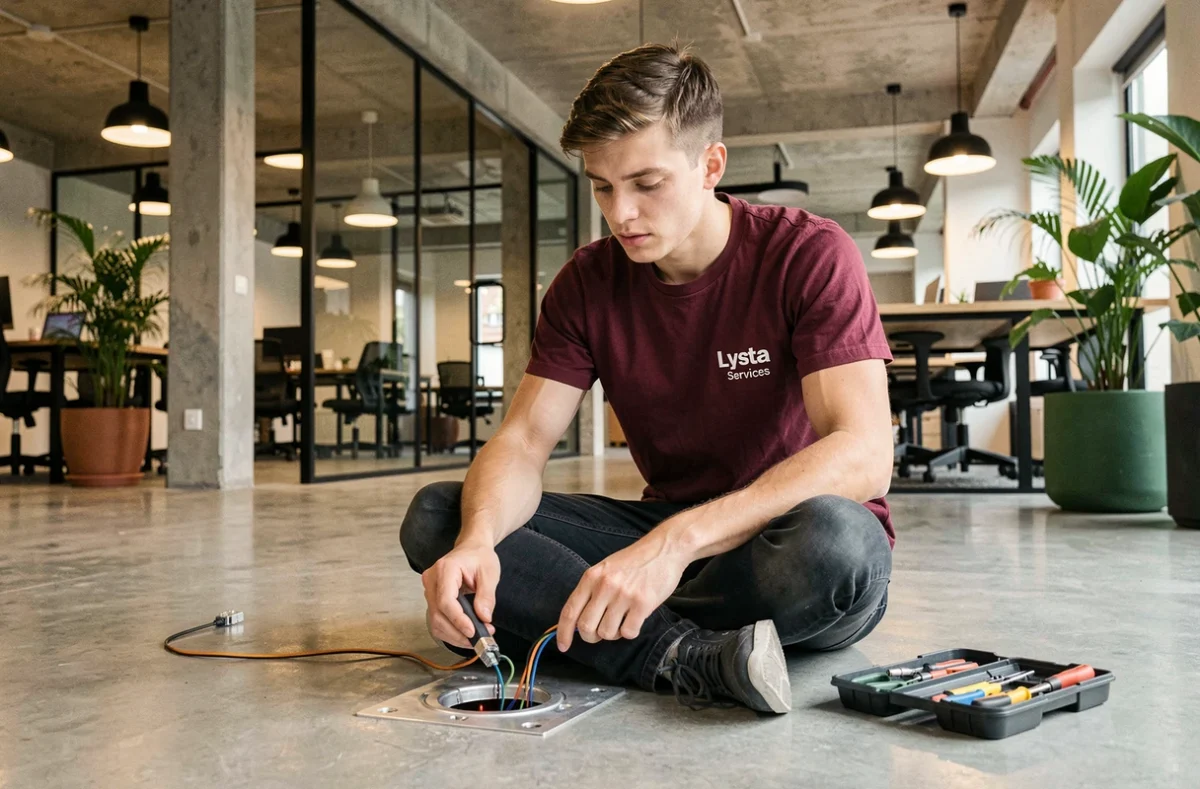 Électricien Lysta Services raccordant un plancher technique dans un espace de coworking moderne